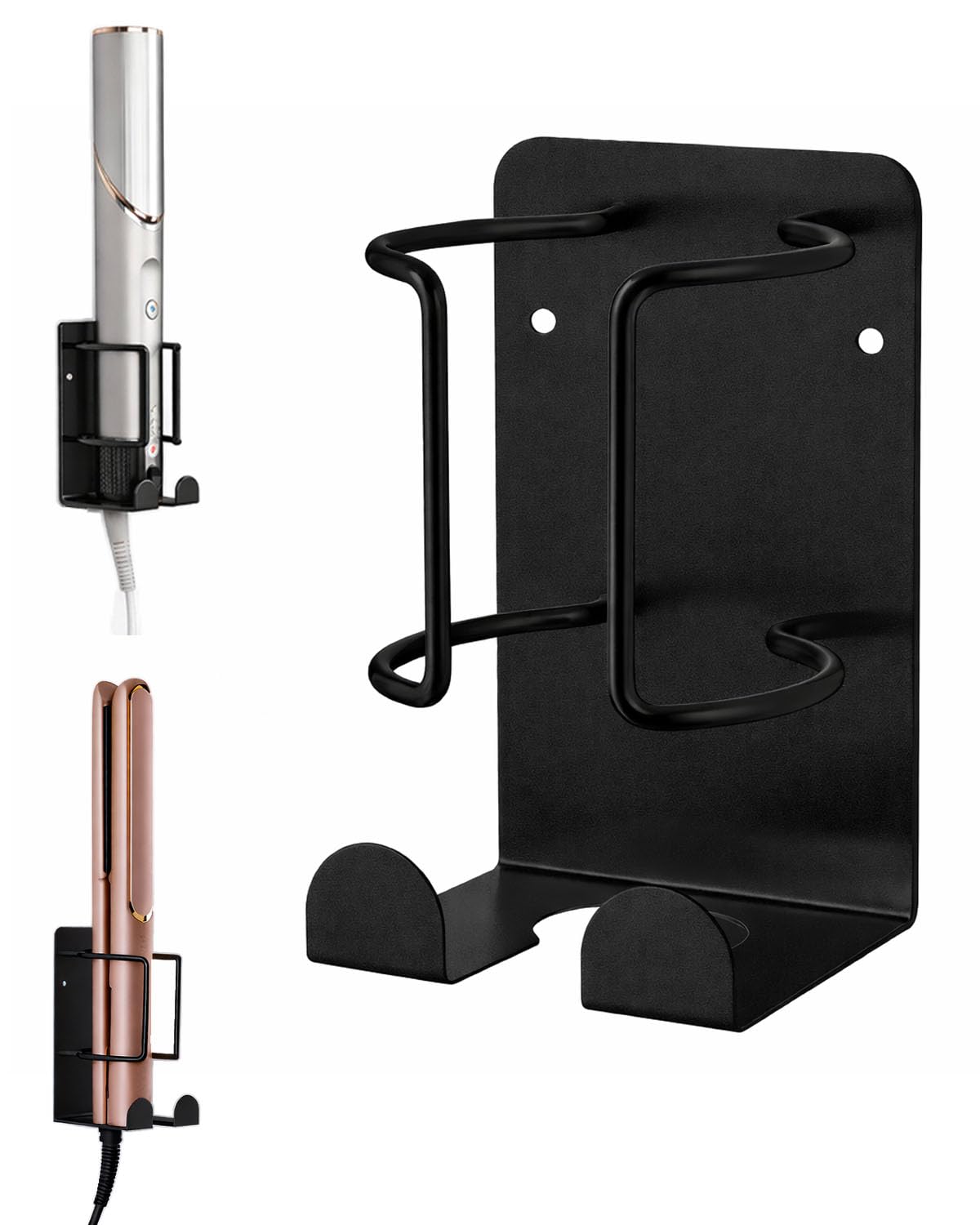 Hair Dryer Holder Wall Mounted, Stainless Steel Blow Dryer Holder for Bathroom, Hair Dryer and Straightener Holder Adhesive or Drilling, Hair Tool Organizer for Salon Barber Shops Black BANJEKT
