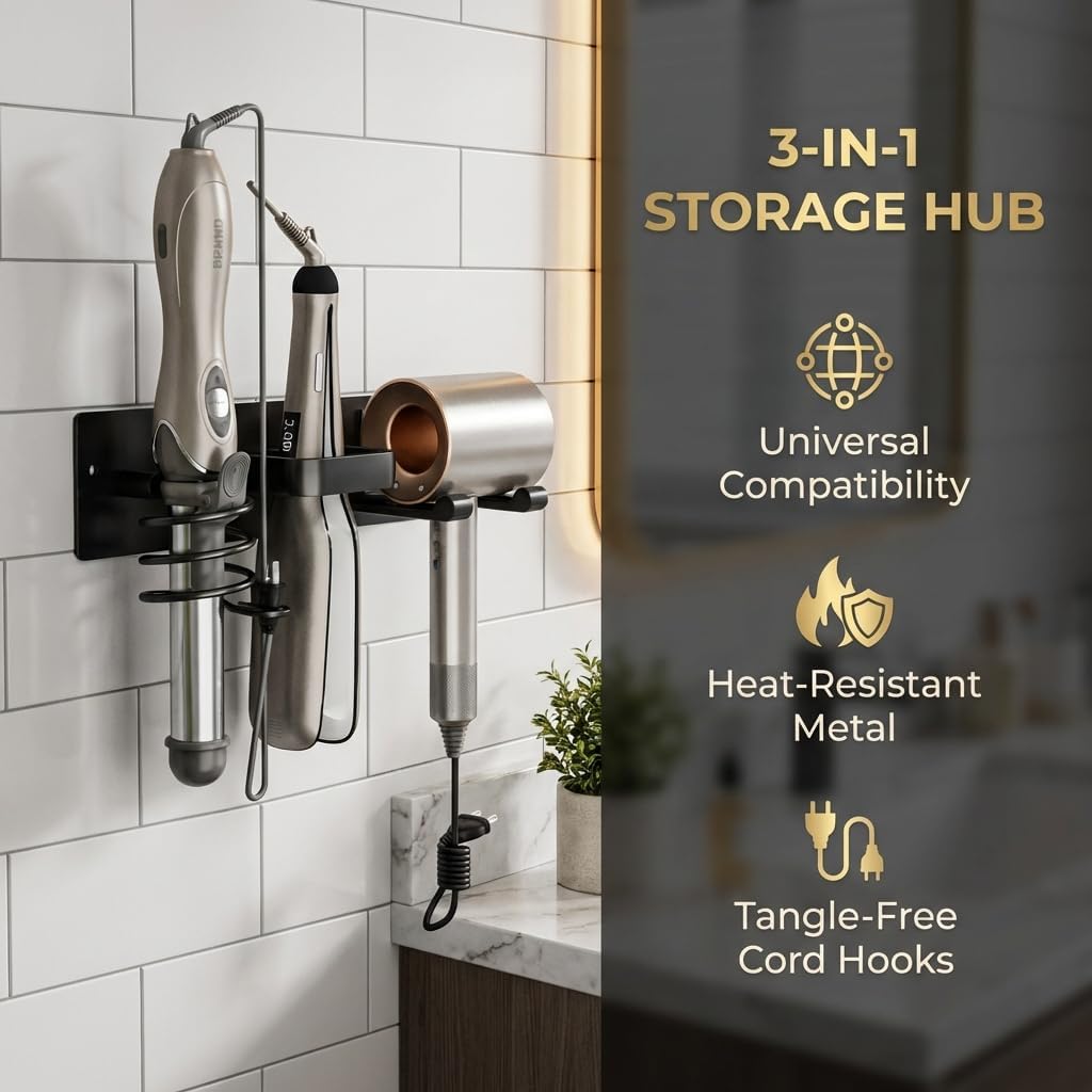 3-in-1 Wall Mount Hair Tool Organizer Hair Dryer Holder, Black