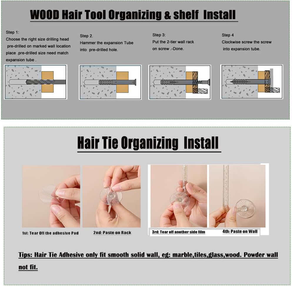 Hair Tool Organizer Wall Mount Holder, 2 Layer Rustic Blow Dryer Holder, Hair Product Wooden Storage Shelf for Hair Dryer, Curling Iron, Hot Tools, Vanity Accessories, Makeup, Toiletries(Dark Brown)