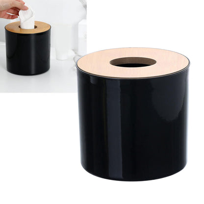Round Tissue Box Holder with Wood Lid, Decorative Toilet Paper Roll Dispenser & Cover for Bathroom, Living Room - Stylish Storage Organizer (White)
