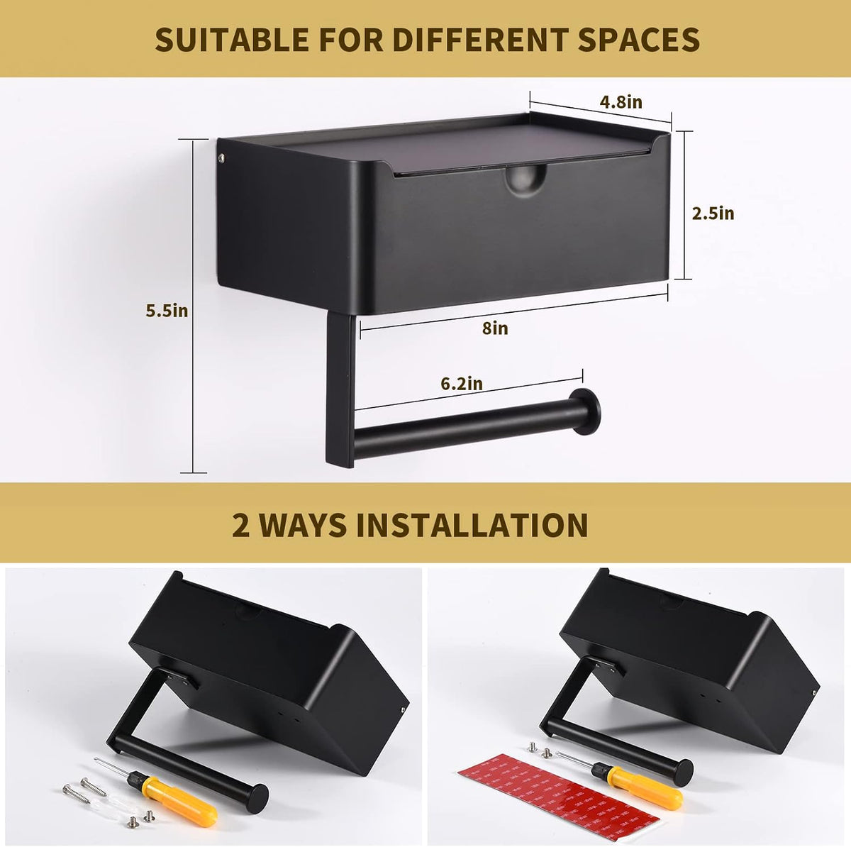 LAYUKI Toilet Paper Holder with Shelf, Wipe Holder for Bathroom, Large, Stainless Steel, Wall Mounted, Matt Black, Upgraded Toilet Paper Holder