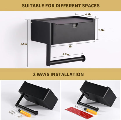 LAYUKI Toilet Paper Holder with Shelf, Wipe Holder for Bathroom, Large, Stainless Steel, Wall Mounted, Matt Black, Upgraded Toilet Paper Holder