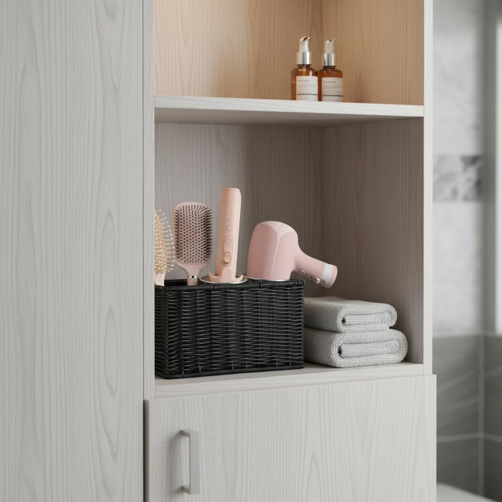 Hair Tool Organizer,Wall Mount Curling Iron Holder,Waterproof Wicker Hot Tools Organizer for Hair Dryer,Flat Irons,Curling Wands,Straighteners Storage,in Cabinet,Bathroom,Vanity (Black)