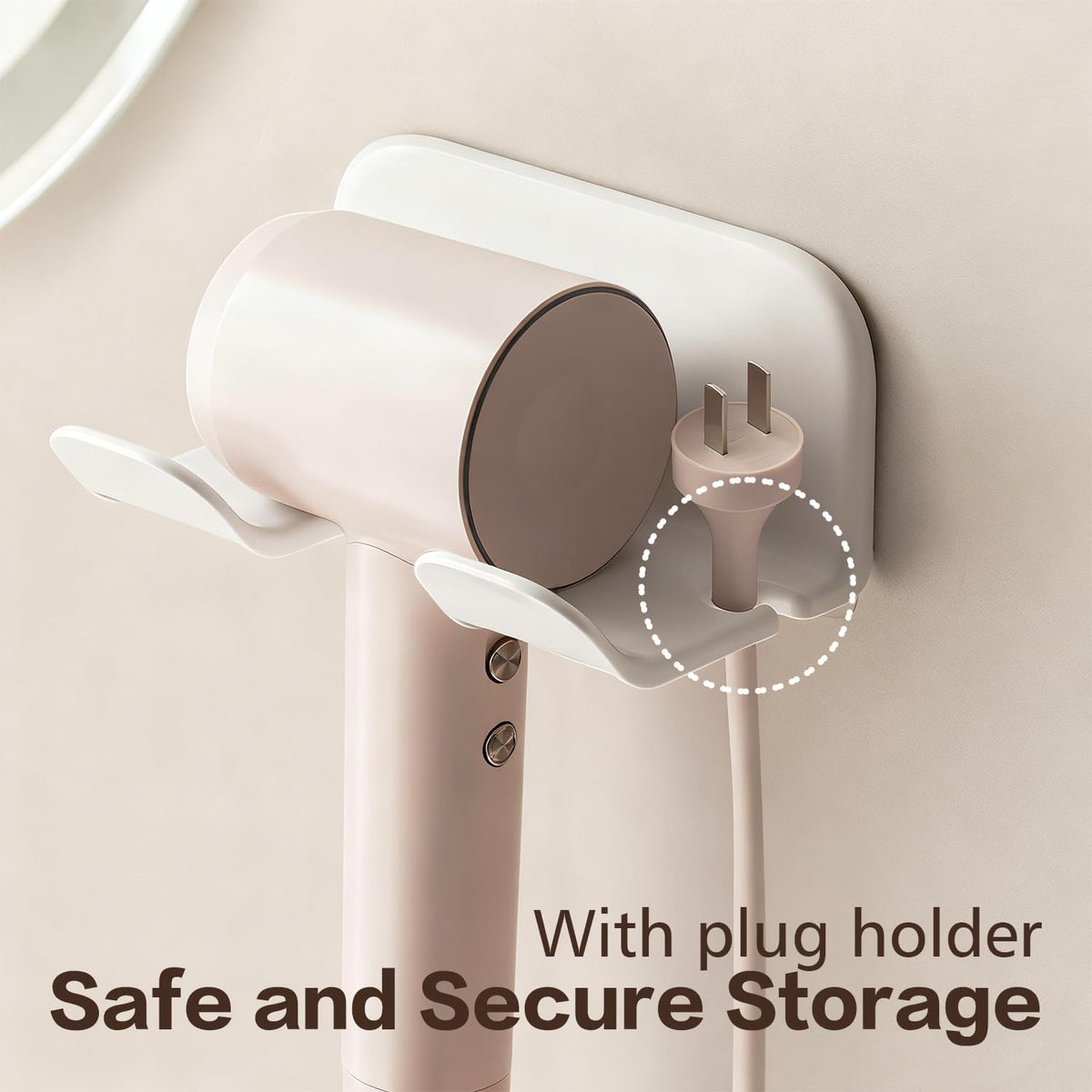 Universal Hair Dryer Holder Wall Mount, Blow Dryer Hanger with Plug Cord Organizer, No Drilling Self Adhesive for Bathroom Cabinet Door Vanity (1PCS, White)