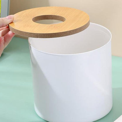 Round Tissue Box Holder with Wood Lid, Decorative Toilet Paper Roll Dispenser & Cover for Bathroom, Living Room - Stylish Storage Organizer (White)