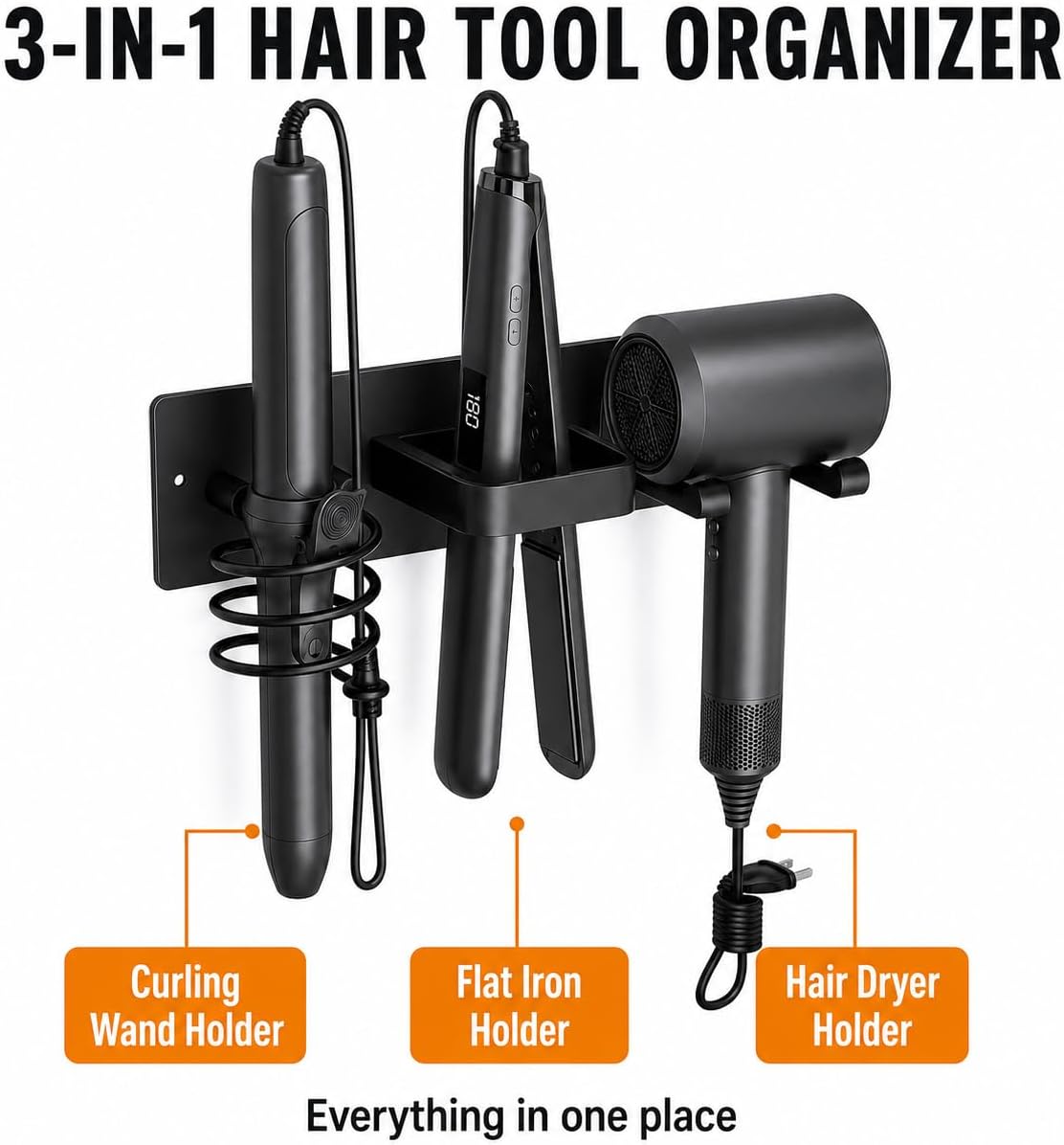 Hair Dryer Holder Wall Mount, 3 in 1 Hair Tool Organizer for Bathroom with Curling Iron & Flat Iron Holders, Blow Dryer Holder for Hairs Tool Storage, Black