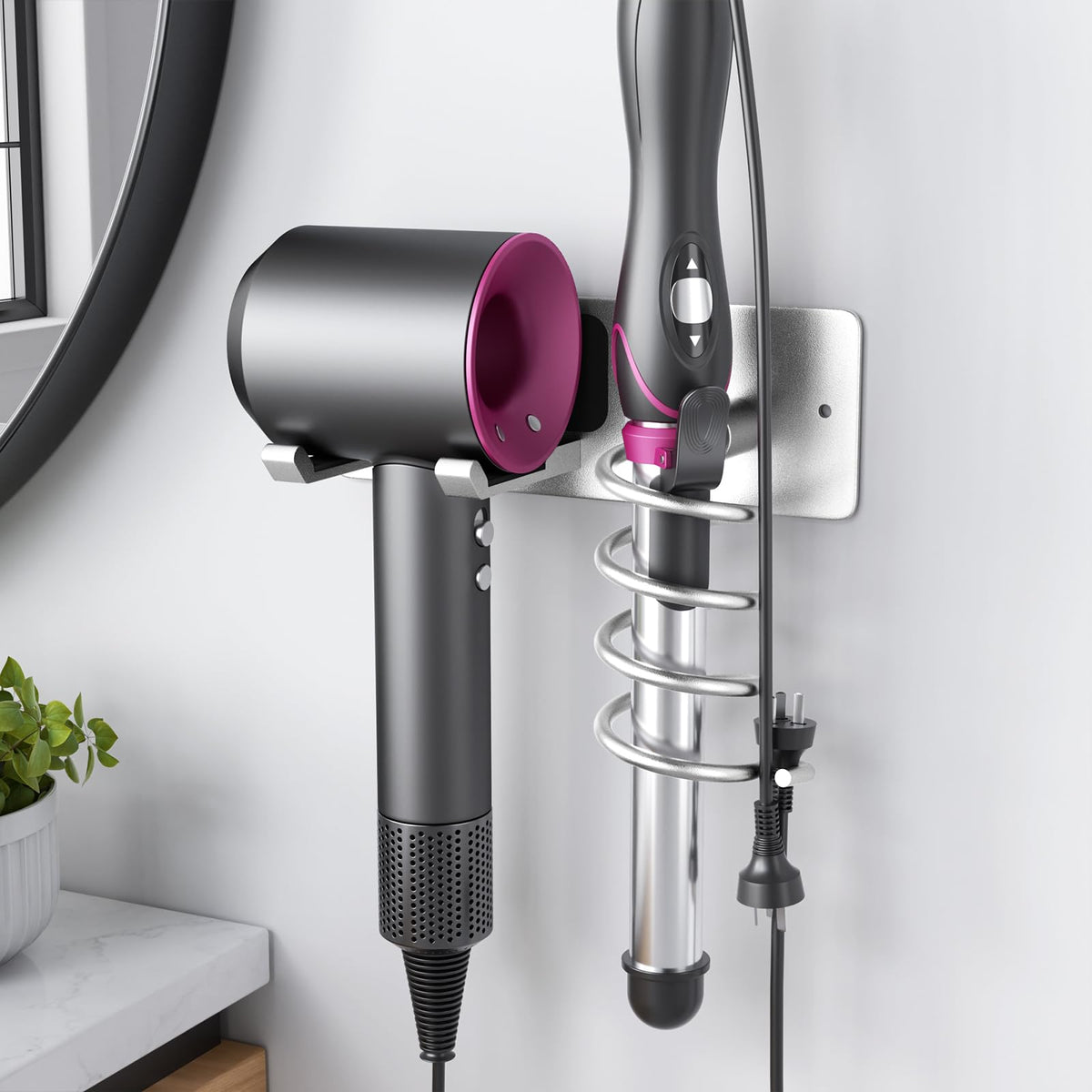 Tindbea Hair Dryer Holder + Curling Iron Holder,Blow Dryer Holder Wall Mount, Bathroom Hair Tool Organizer Rack for Universal Dryer Matte Black