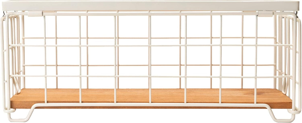 Metal Wire Storage Basket, Toilet Paper Roll Holder Wood Base Countertop Decor Box Toilet Tank Shelf Cabinet Organizer for Bathroom Pantry Garage Bedroom Livingroom (Cream White (2 Pack))