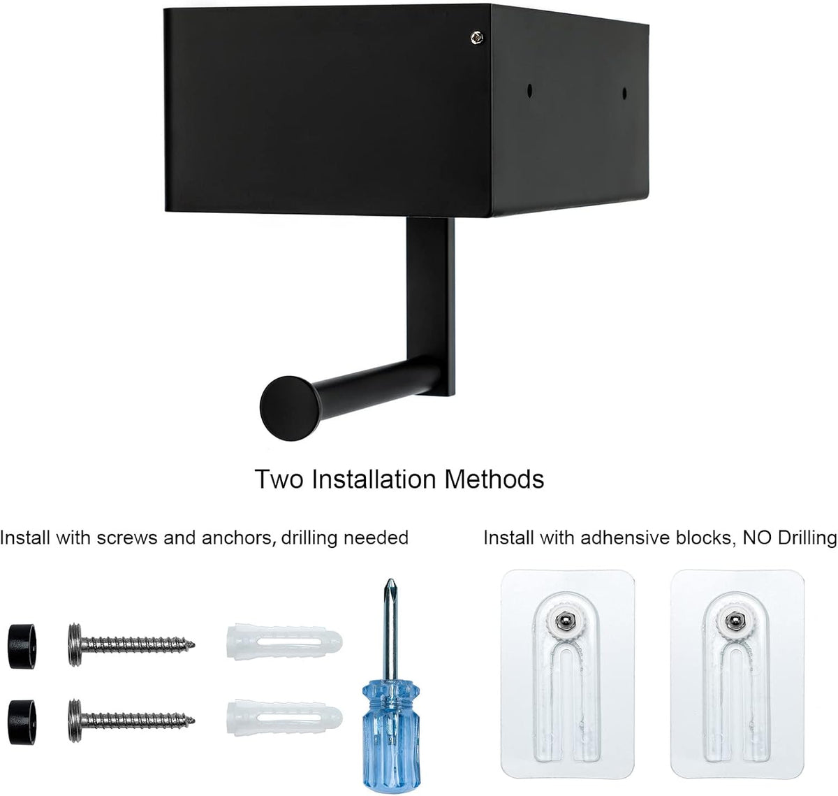 Matte Black Toilet Paper Holder Tissue Roll Hanger with Shelf Flushable Wipes Dispenser Storage Box Large Stainless Steel Bathroom Lavatory Hardware Wall Mount Adhesive