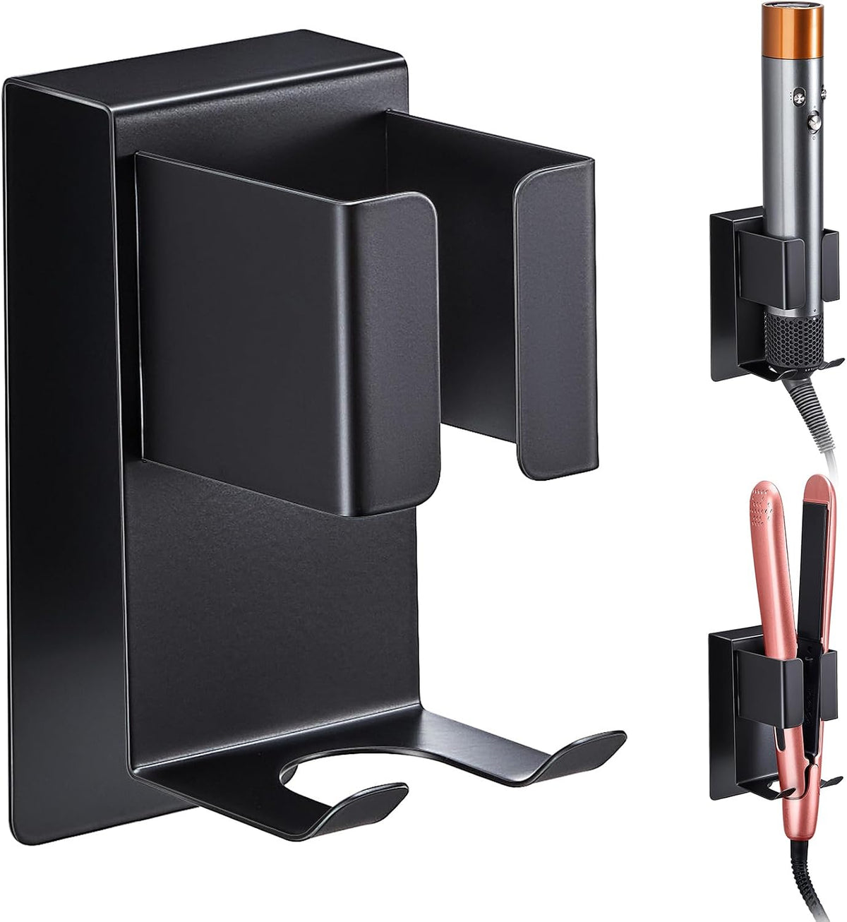 Curling Iron Holder Wall Mount, Hair Straightener Holder, Adhesive Hair Tool Organizer Storage for Styler Attachments, Flat Iron, Blow Dryer Holder for Bathroom Vanity (Black, 1Pc)