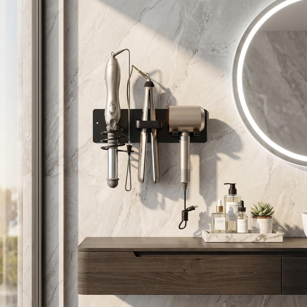 3-in-1 Wall Mount Hair Tool Organizer Hair Dryer Holder, Black