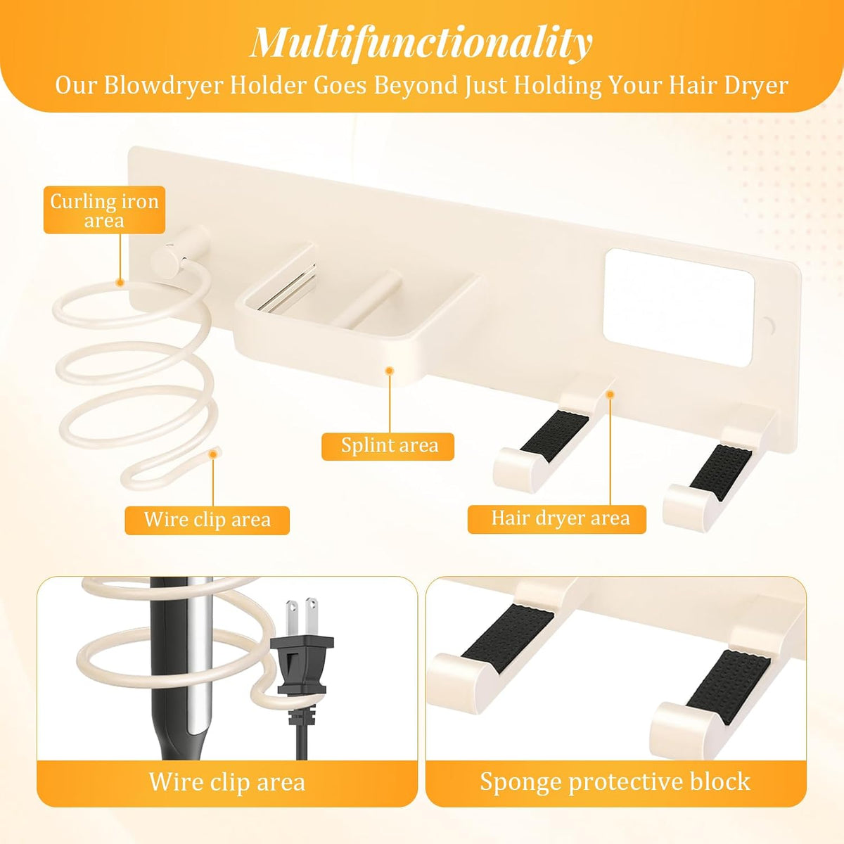 Hair Dryer Holder Wall Mount No Drill, 3 in 1 Curling Iron Holder & Flat Iron Holder, Heat Resistant Bathroom Hair Tool Organizer, White
