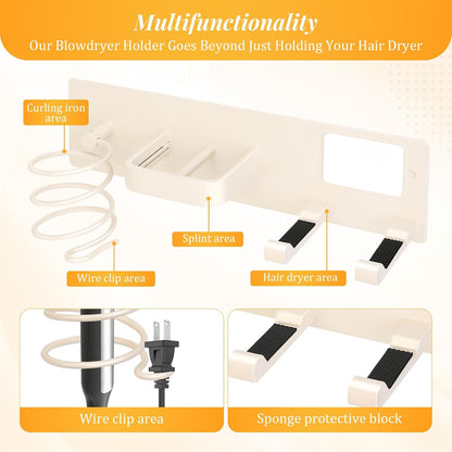 Hair Dryer Holder Wall Mount No Drill, 3 in 1 Curling Iron Holder & Flat Iron Holder, Heat Resistant Bathroom Hair Tool Organizer, White