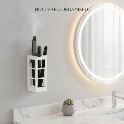 Hair Tool Organizer Wall Mount, Curling Iron Holder & Flat Iron Holder, Self Adhesive Hair Dryer Holder for Bathroom, No Drilling Styling Tool Storage Rack for Vanity, Salon Hair Care Tools Holder (White,1 Pack)
