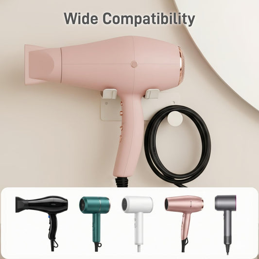 Hair Dryer Holder, Dyson Hair Dryer Holder, Blow Dryer Holder with Cord Hook SUS304 Stainless Steel Wall Mount, Self Adhesive/Screw Space Saving Hairdryer Holder for Bathroom White