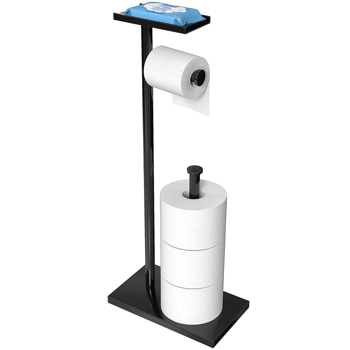 CISILY Black Toilet Paper Holder Stand with Storage Shelf, Free Standing Toilet Paper Roll Holders, Bathroom Toliet Tissue Holder Accessories Essentials