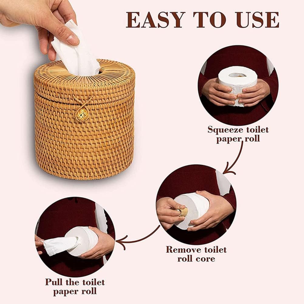 2Pcs Rattan Tissue Box Toilet Paper Cover Wicker Decorative Holders with Lid for Storage Single Roll and Tissues