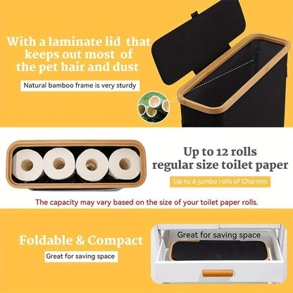 SENMOK 12-Roll Toilet Paper Storage with Lid, Bamboo Frame(Black)