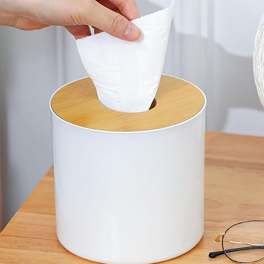 Round Tissue Box Holder with Wood Lid, Decorative Toilet Paper Roll Dispenser & Cover for Bathroom, Living Room - Stylish Storage Organizer (White)