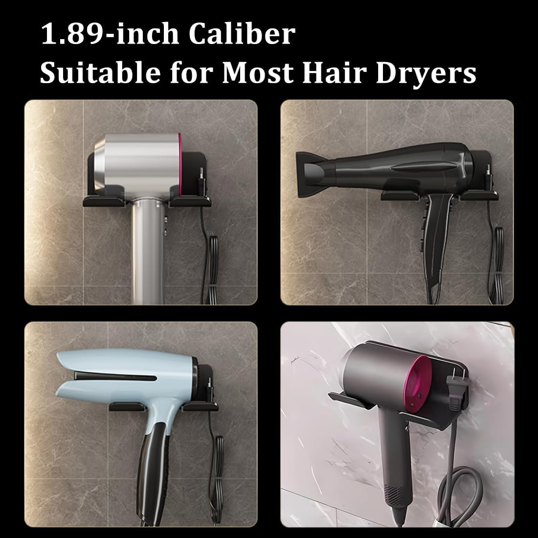 Universal Hair Dryer Holder - Wall Mounted Storage Rack for Hair Dryers, No Punching, with Plug and Power Cord Organizer, Self Adhesive for Cabinet Bathroom (Black)