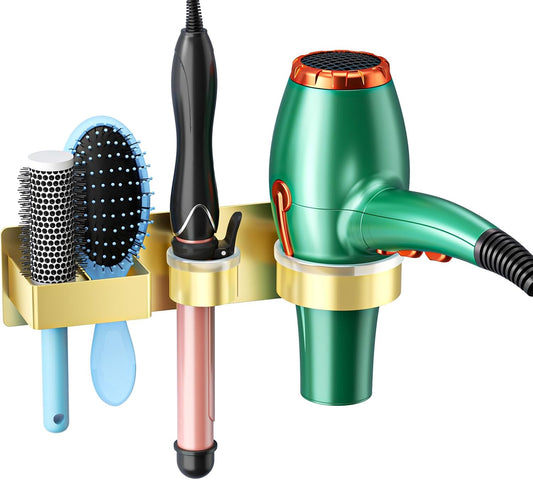 Hair Dryer Holder Wall Mounted Hair Straightener Holder, Blow Dryer Curling Iron Holder Metal, 3 in 1 Bathroom Hair Tools Organizer for Blow Dryer, Flat Irons, Hot Tool Holder