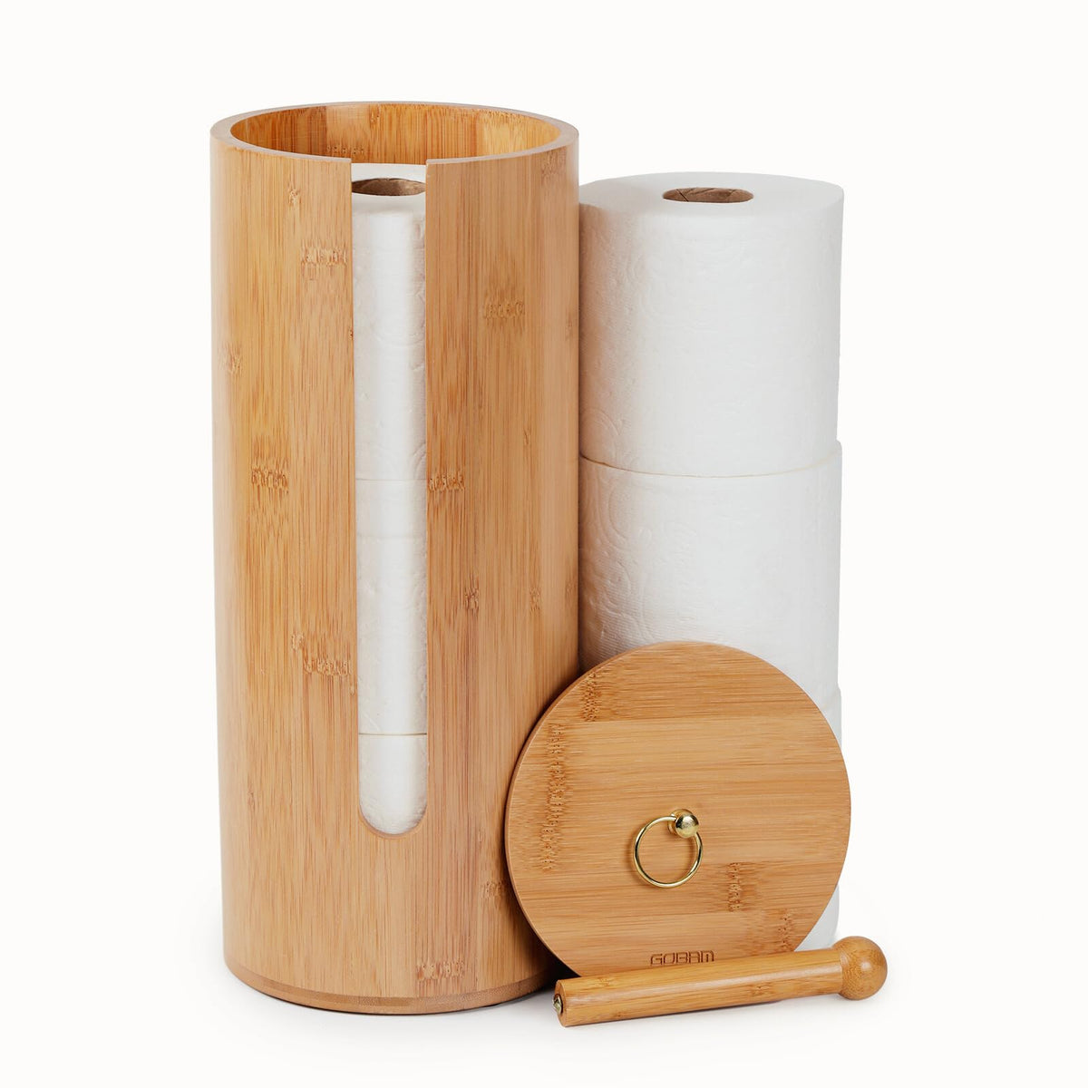 Gobam Bamboo Toilet Paper Storage with Dual-Use Lid, Freestanding Bathroom Tissue Organizer with Viewing Slot, Built-In Handle, Anti-Slip Base, Compact Toilet Paper Holder Stand for up to 6 Mega Rolls