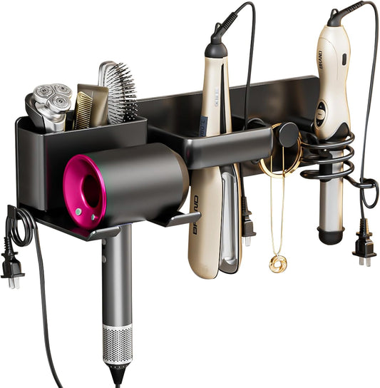 5 in 1 Hair Dryer Holder Hair Tool Organizer Metal Wall Mount (Black)