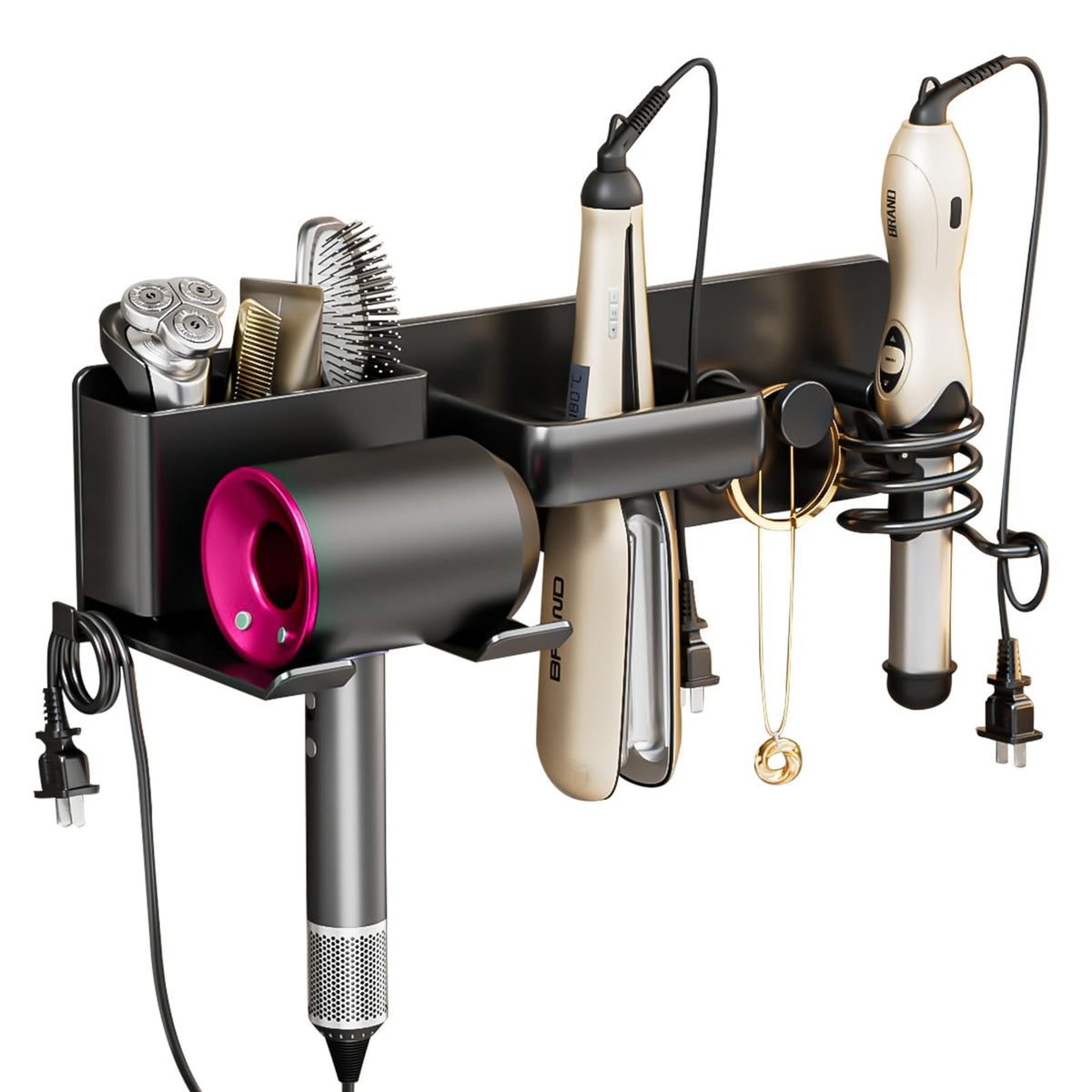 5 in 1 Hair Dryer Holder Hair Tool Organizer Metal Wall Mount (Black)