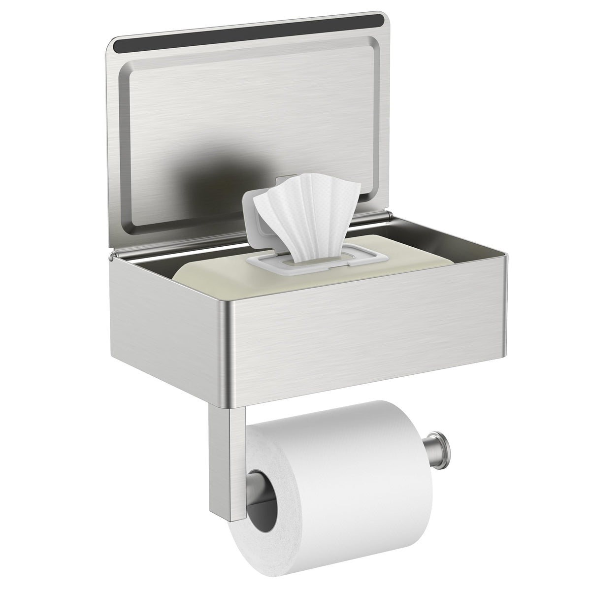 FORIOUS Toilet Paper Holder with Shelf, Wall-Mounted Modern Wipes Dispenser