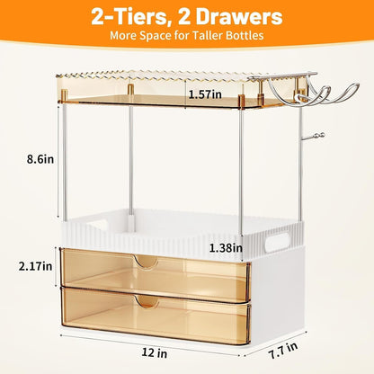 Bathroom Counter Organizer with Hair Dryer Holder, 2 Tier Storage Drawers