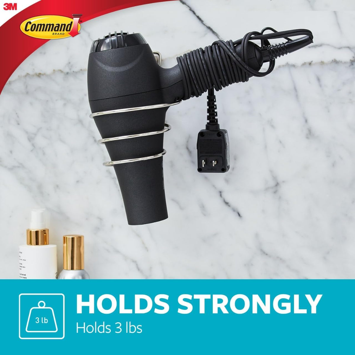 Command Hair Dryer Holder, Satin Nickel, 1 Dryer Holder, 2 Water Resistant Strips, Damage-Free Bathroom Organization and Decor