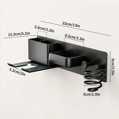 No-Drill Hair Dryer Holder Wall Mount with Storage Compartment for Bathroom