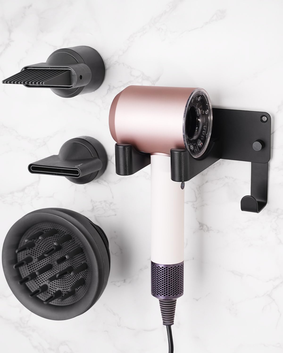 Dyson Hair Dryer Holder, Hair Dryer Wall Mount Hanger for Supersonic Nural, 5 Attachments Magnetic Aluminum Anti-Scratch Dyson Blow Dryer Holder with Cord Hook, No-Drill/Screw Installation UEMUSI