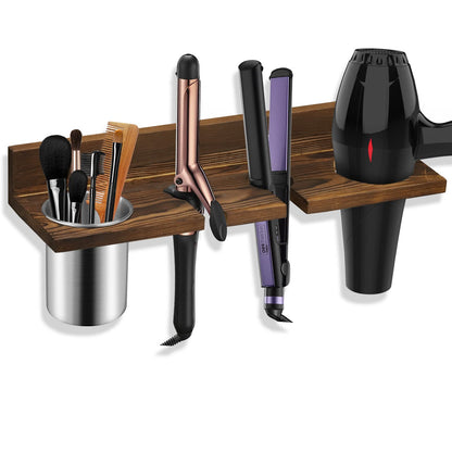 Hair Tool Organizer Wall Mounted - Wooden Dryer Holder, Blow Dryer Holder for Bathroom, Rustic Styling Tools Organizer for Flat Iron, Curling Wand, Hair Straighteners, Brushes, Black