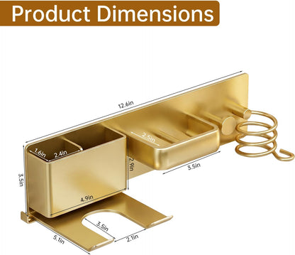 5 in 1 Hair Dryer Holder Hair Tool Organizer Metal Wall Mount (Gold)