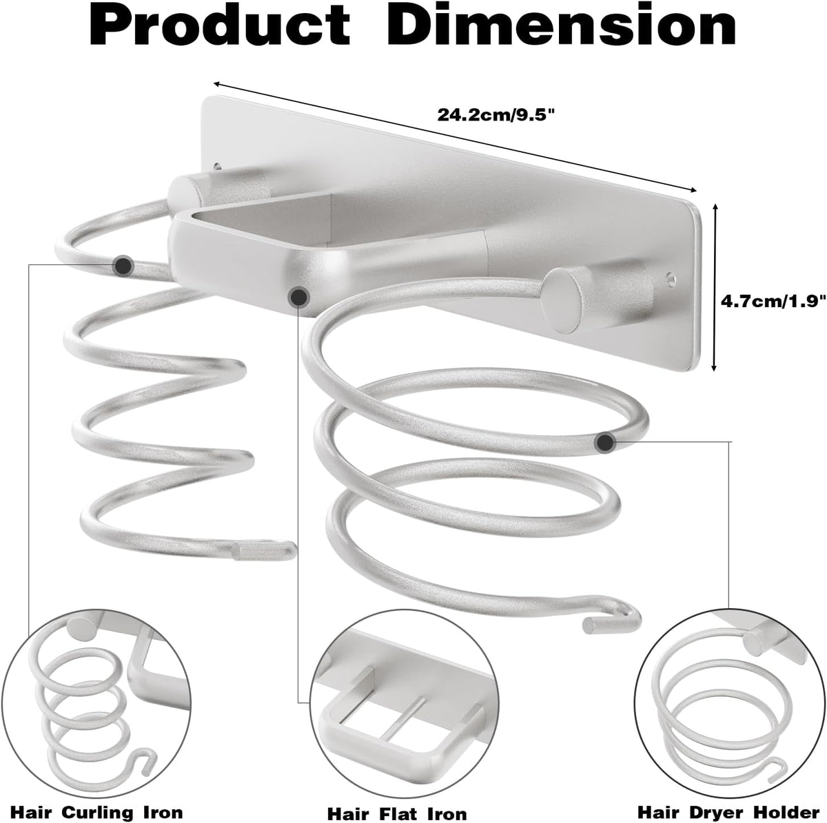 hicorfe Hair Dryer Holder 3 in 1 Hair Tool Organizer,Blow Dryer Holder Wall Mounted,Bathroom Bedroom Care Styling for Flat Iron,Curling Iron,Hair Straightener（Silver）