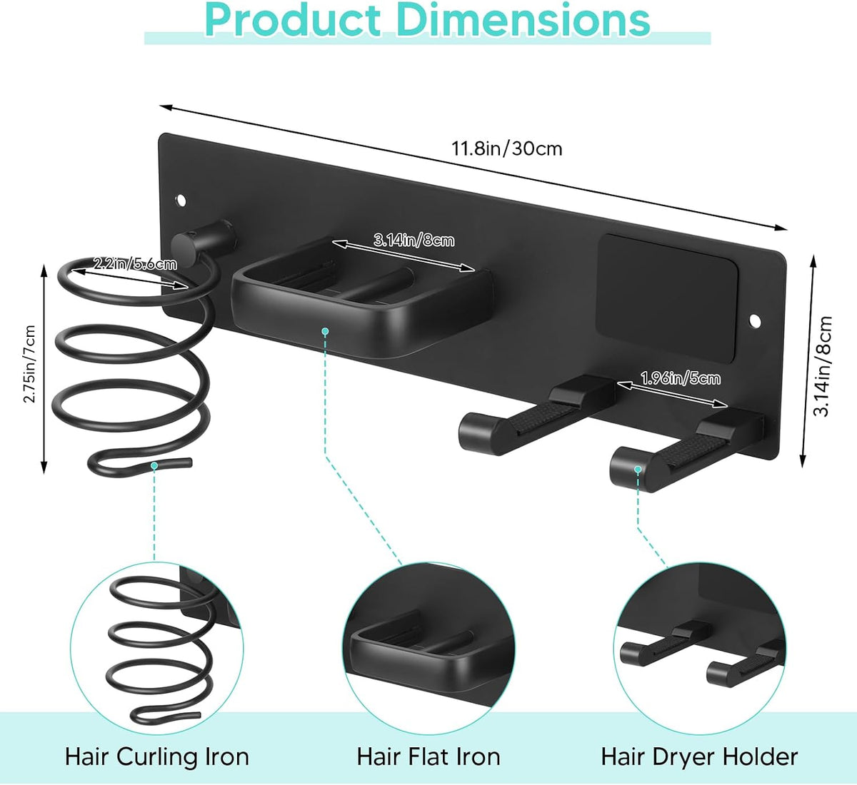 Hair Tool Organizer Wall Mount, Aluminum Hair Dryer Holder and Curling Iron Rack with Hooks, Space Saving Bathroom Hair Styling Tool Storage for Blow Dryer, Flat Iron, Curling Tools (Hook)
