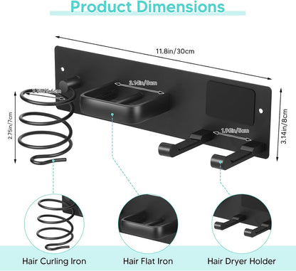 Hair Tool Organizer Wall Mount, Aluminum Hair Dryer Holder and Curling Iron Rack with Hooks, Space Saving Bathroom Hair Styling Tool Storage for Blow Dryer, Flat Iron, Curling Tools (Hook)