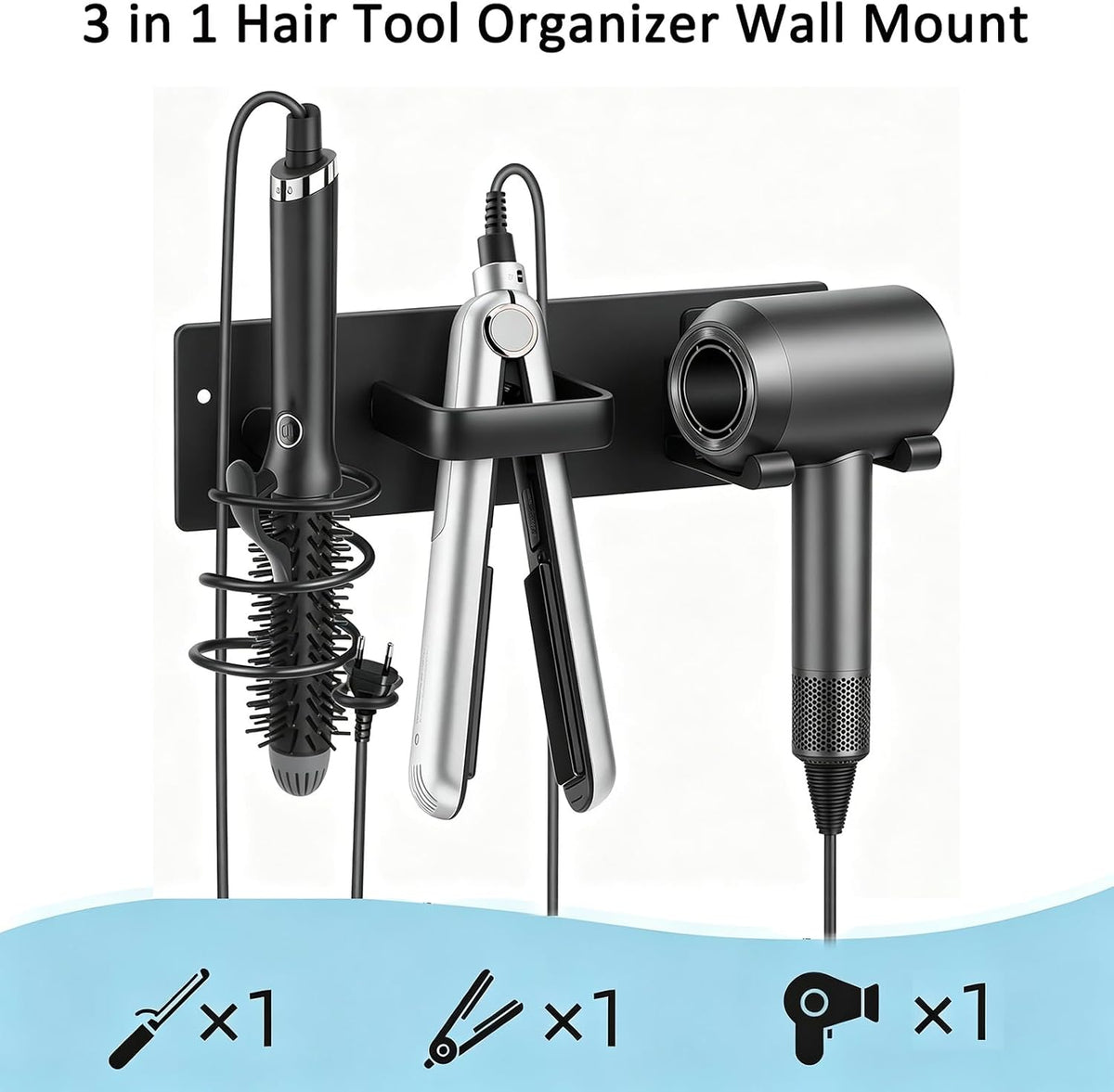 3-in-1 Aluminum Hair Dryer Holder, Matte Black Styling Tools Rack