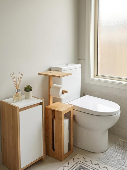 Toilet Paper Holder Stand - Storage Stand,Holds 3 Rolls Toilet Paper Storage with Lid,with Free Standing Toilet Paper Holder and Top Shelf for Kitchen, Pantry,Toilet and Bathroom (Natural Bamboo)