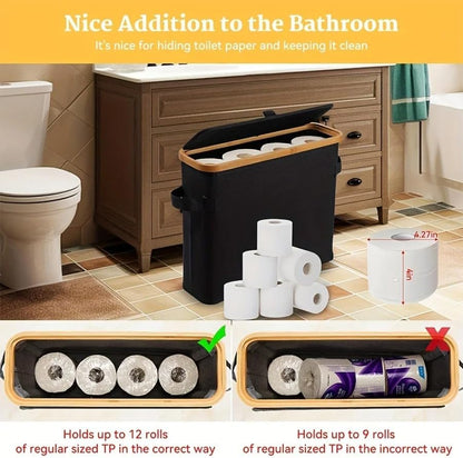SENMOK 12-Roll Toilet Paper Storage with Lid, Bamboo Frame(Black)