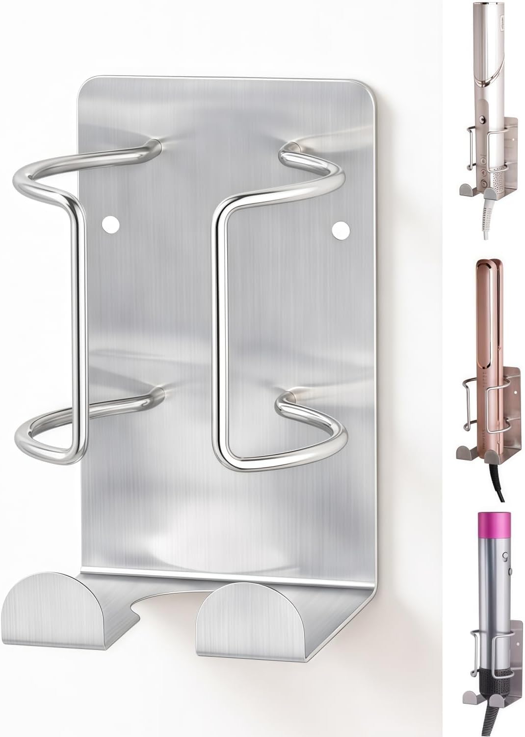 Curling Iron Holder, Stainless Steel Flat Iron Holder Wall Mount, Hair Straightener Holder for Bathroom Storage, Dyson Airstraight Holder Space Saving Silver PTALSEAW