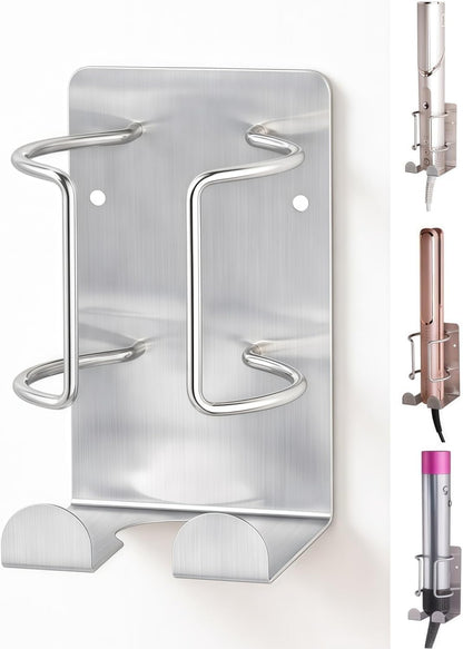 Curling Iron Holder, Stainless Steel Flat Iron Holder Wall Mount, Hair Straightener Holder for Bathroom Storage, Dyson Airstraight Holder Space Saving Silver PTALSEAW
