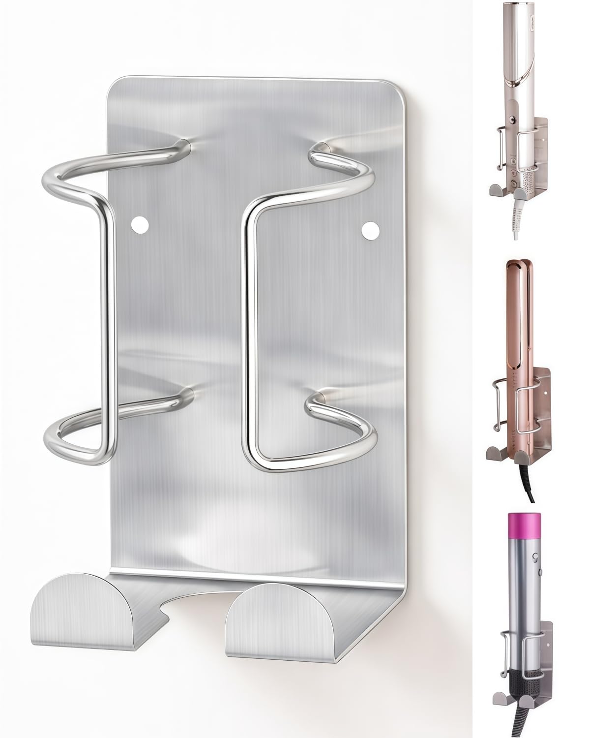 Curling Iron Holder, Stainless Steel Flat Iron Holder Wall Mount, Hair Straightener Holder for Bathroom Storage, Dyson Airstraight Holder Space Saving Silver PTALSEAW