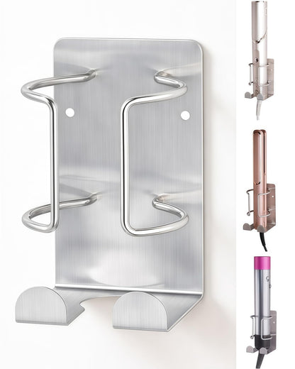 Curling Iron Holder, Stainless Steel Flat Iron Holder Wall Mount, Hair Straightener Holder for Bathroom Storage, Dyson Airstraight Holder Space Saving Silver PTALSEAW