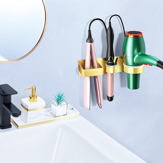 Hair Dryer Holder Wall Mounted Hair Straightener Holder, Blow Dryer Curling Iron Holder Metal, 3 in 1 Bathroom Hair Tools Organizer for Blow Dryer, Flat Irons, Hot Tool Holder