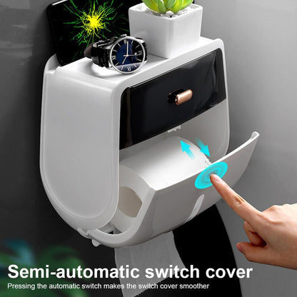 Toilet Paper Holder Wall Mount, Self Adhesive Paper Towels Holder with Drawer and Shelf Watertight Tissue Dispenser Semi-Auto Switch Toilet Tissue Roll Holders for Bathroom(Black)