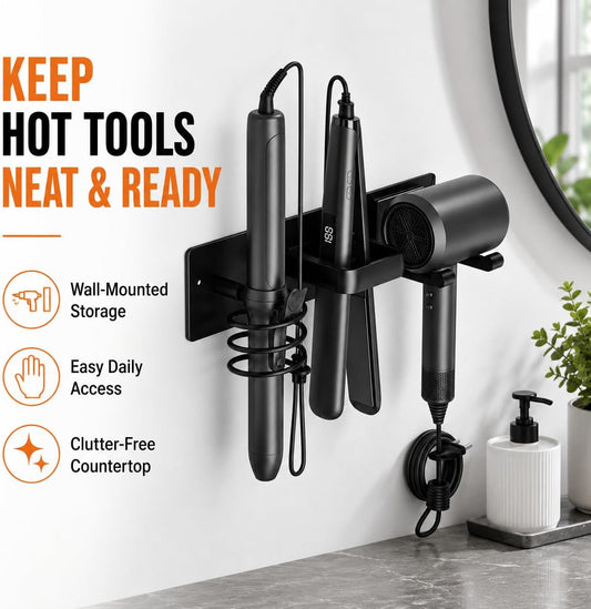 Hair Dryer Holder Wall Mount, 3 in 1 Hair Tool Organizer for Bathroom with Curling Iron & Flat Iron Holders, Blow Dryer Holder for Hairs Tool Storage, Black