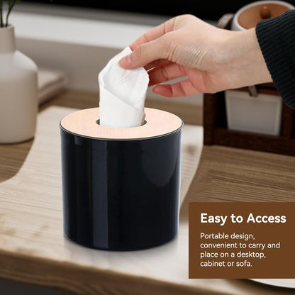 2PCS Tissue Box Cover, Toilet Paper Storage with Lid Round Toilet Paper Roll Cover Wooden Dispenser for Bathroom Kitchen (Black)