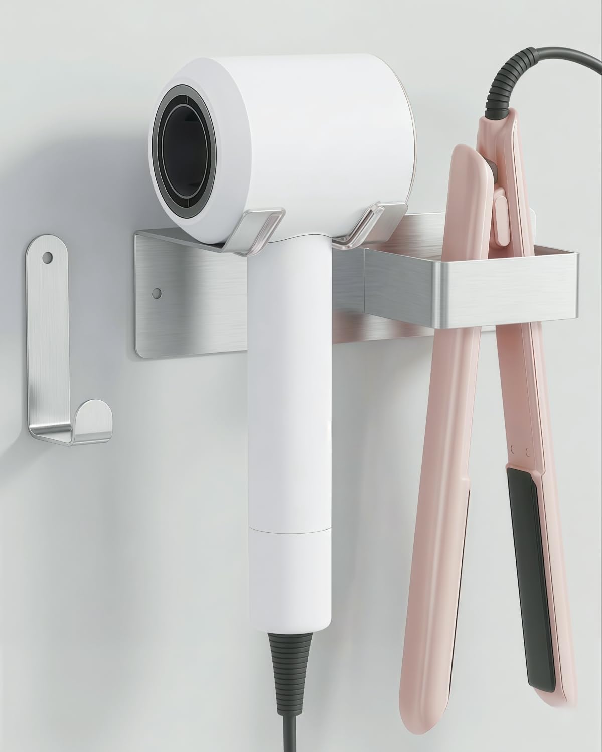 Hair Dryer Holder, Dyson Hair Dryer Holder, Blow Dryer Holder with Cord Hook SUS304 Stainless Steel Wall Mount, Self Adhesive/Screw Space Saving Hairdryer Holder for Bathroom White